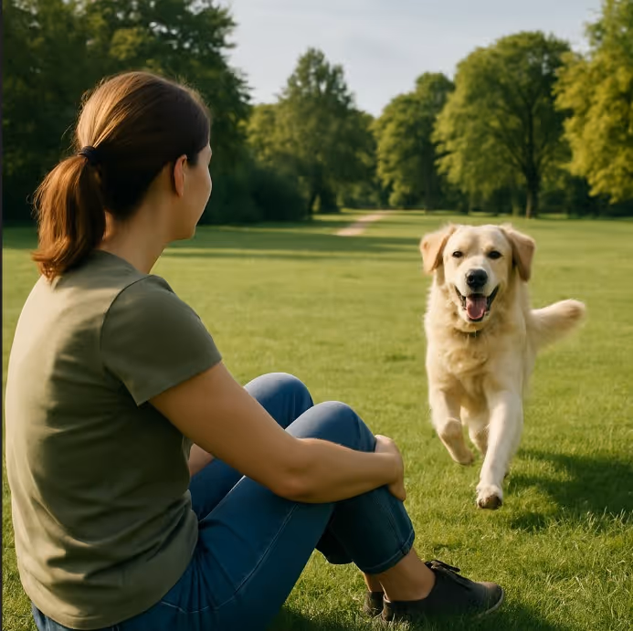 A woman sitting on the grass smiles as she watches her Golden Retriever joyfully run toward her in a sunny, green dog park.