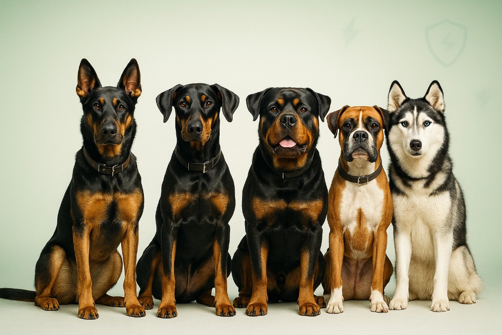 Strong dog names hero: Doberman, Rottweiler, Belgian Malinois, Boxer and Husky on a LeashFree green backdrop—powerful male & female name ideas.