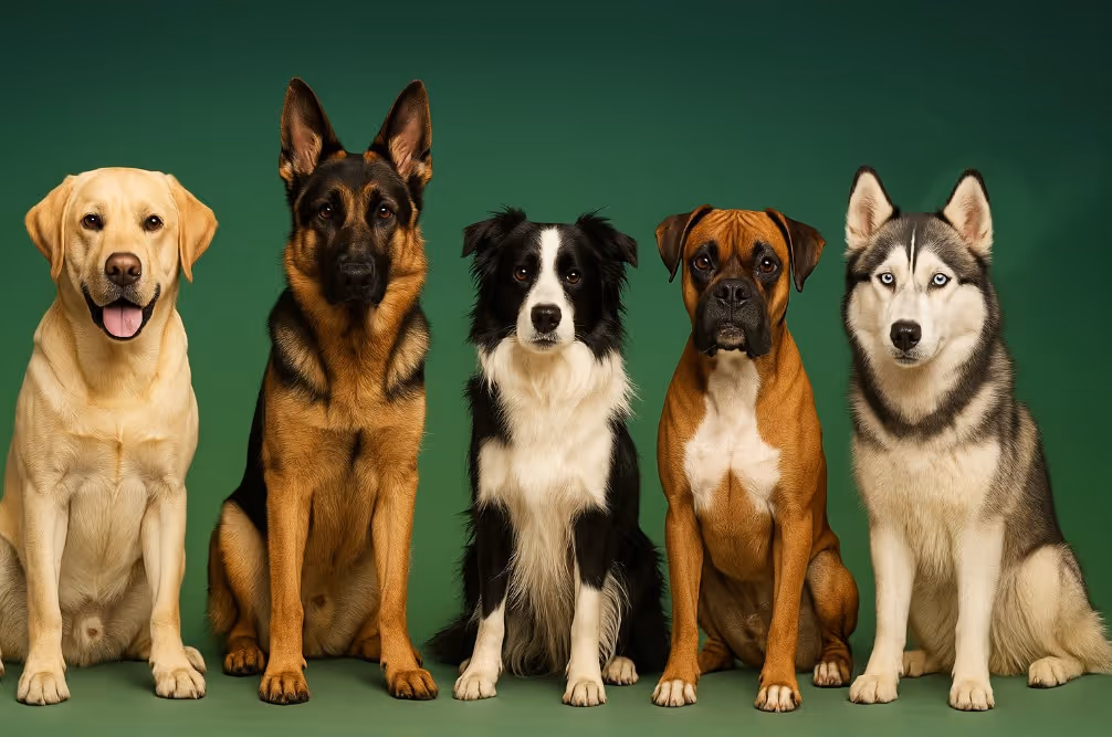 Male dog names hero image—playful and elegant name ideas on a LeashFree green backdrop.