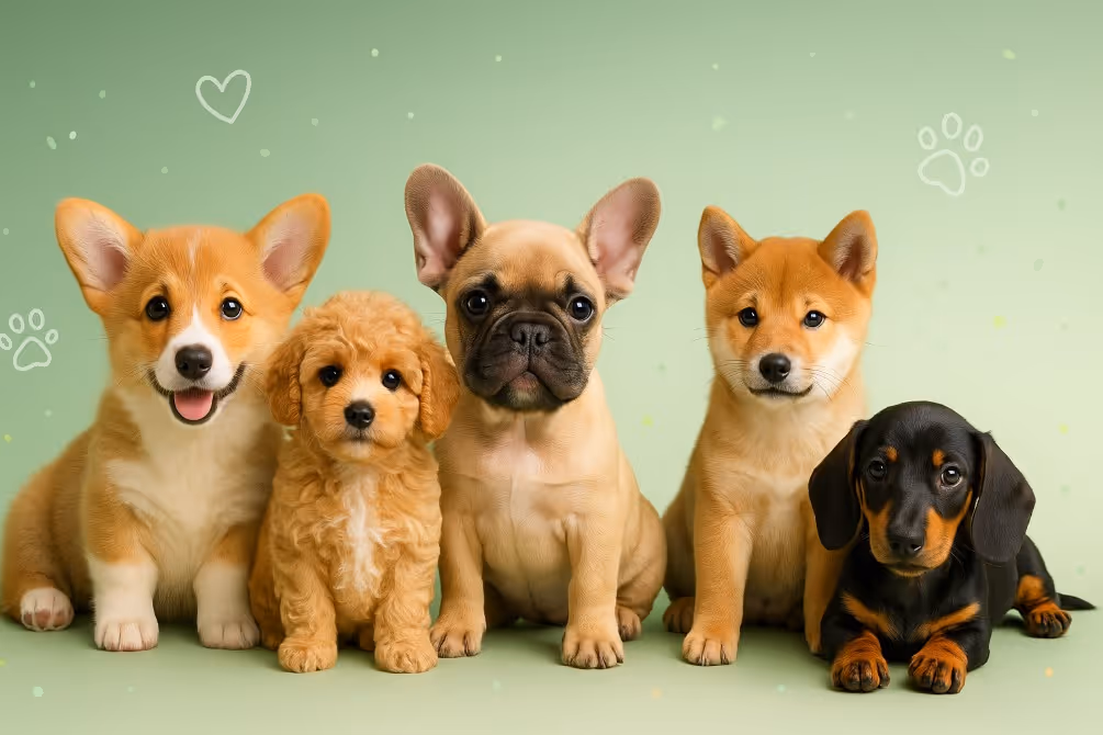 Cute dog names hero—adorable puppy imagery on a LeashFree green backdrop.