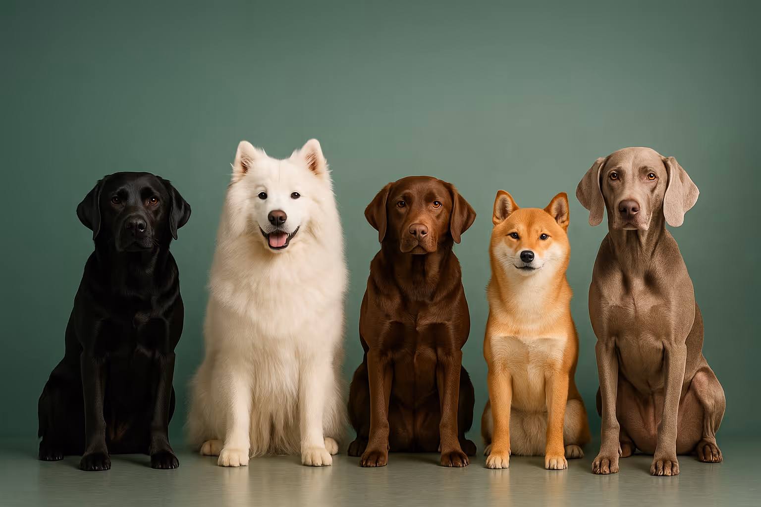 Colour dog names hero - black, white, brown, red, and blue/grey coat inspiration on a LeashFree green backdrop.