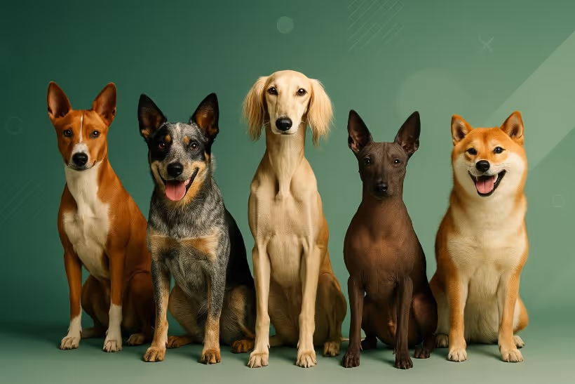 Unique dog names hero—five distinctive dogs with modern, abstract accents on a LeashFree green backdrop.
