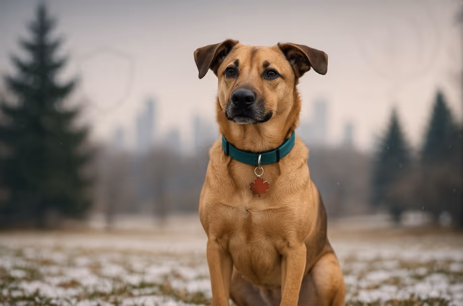 Happy mixed-breed dog sitting in a Canadian park setting with a maple-leaf tag, styled for a dog insurance guide in Canada