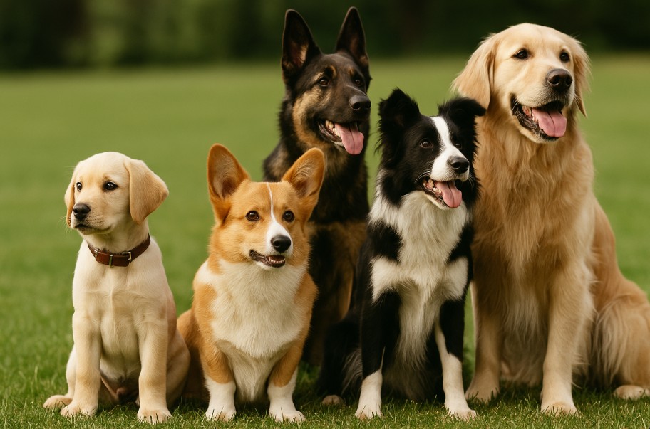 Group of happy dogs of different breeds sitting in a sunny green field, representing different types of dogs for insurance comparison