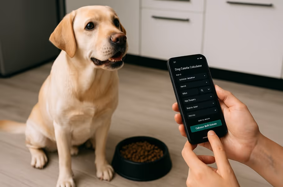 Happy Labrador Retriever sitting beside a bowl of fresh dog food in a modern Canadian kitchen with natural lighting.
