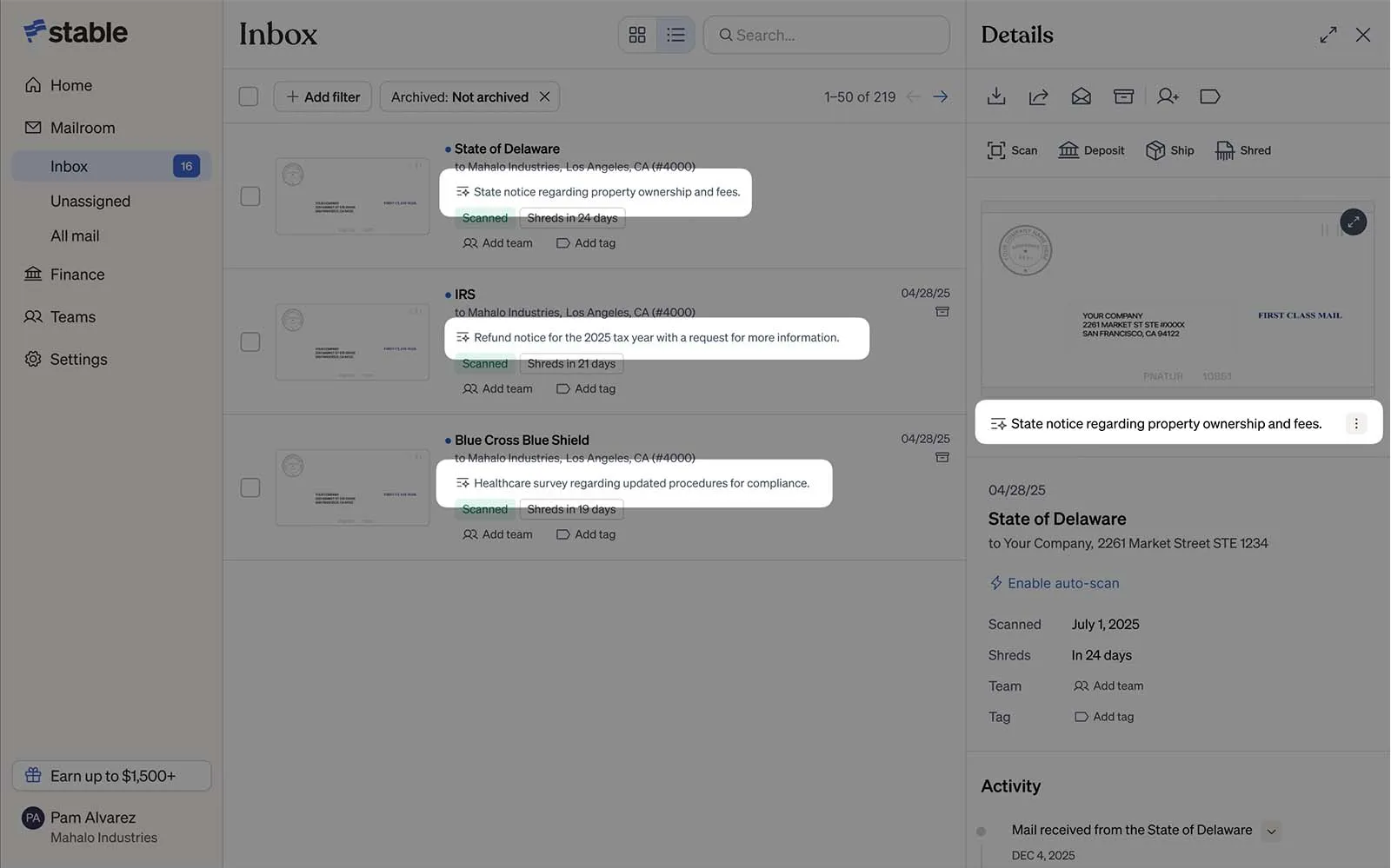 Stable dashboard showing AI-powered mail summaries for scanned business mail