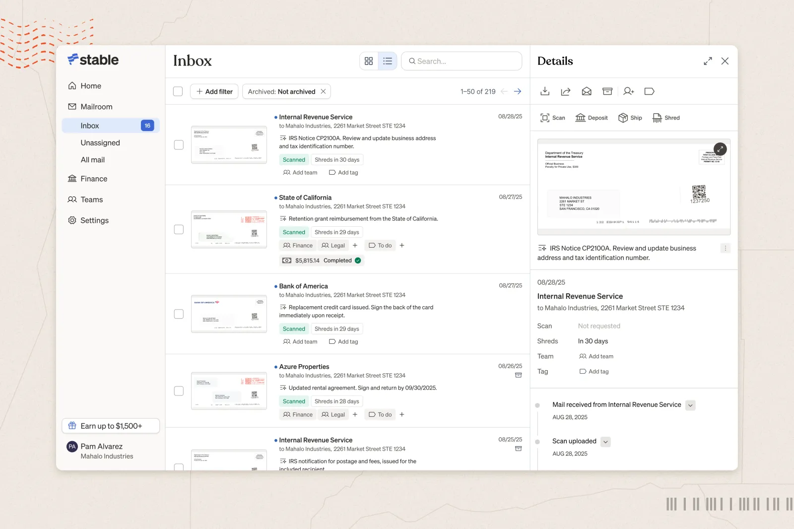 Example of a virtual mailbox dashboard showing scanned business mail and automation options.