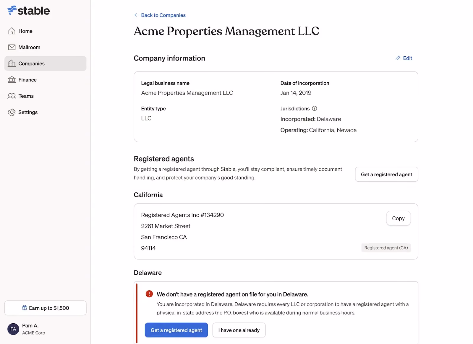 Stable dashboard showing company information and registered agent status, with a warning that a Delaware registered agent is missing and could impact compliance.
