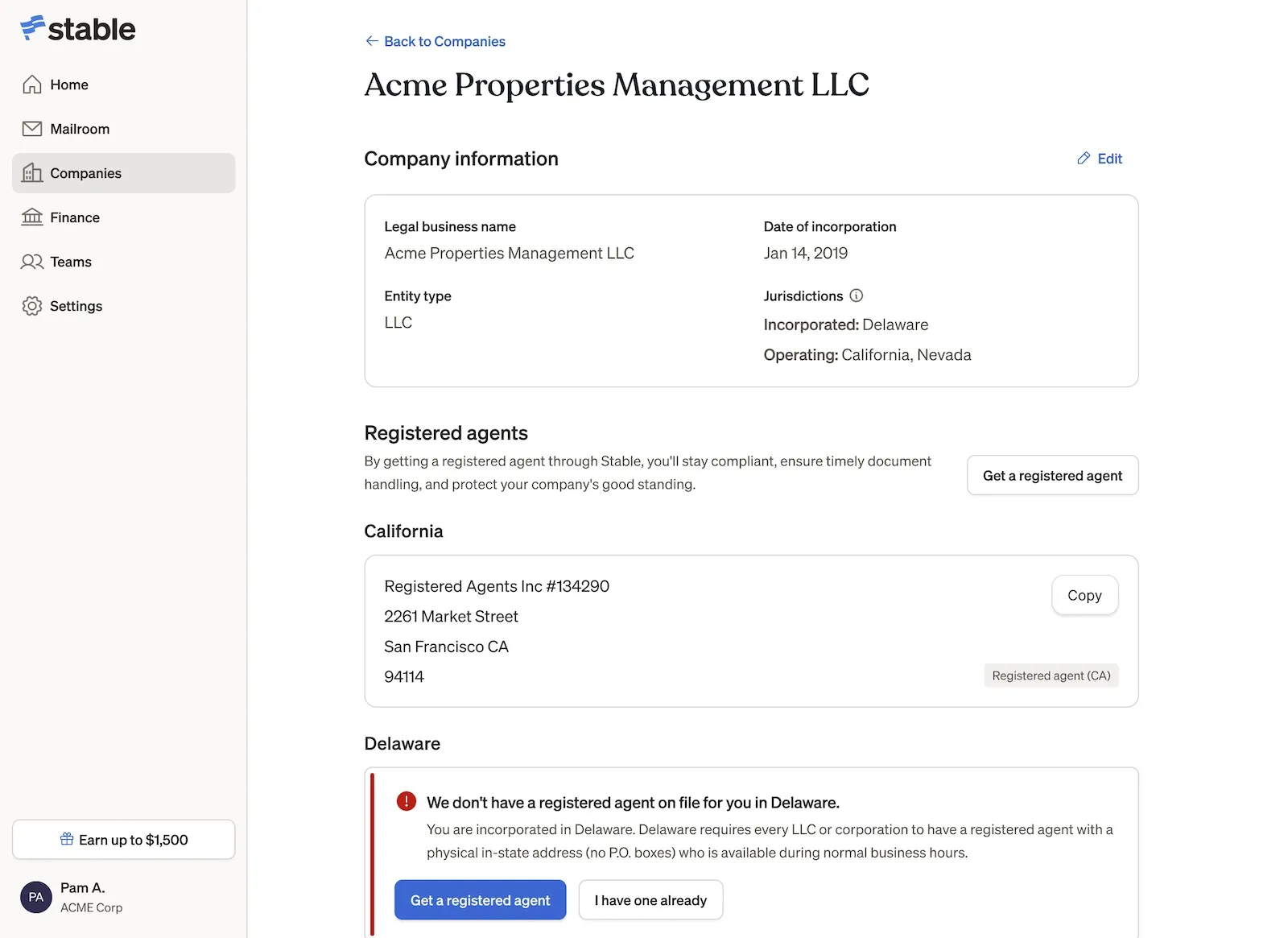 Stable dashboard showing company information and registered agent status, with a warning that a Delaware registered agent is missing and could impact compliance.