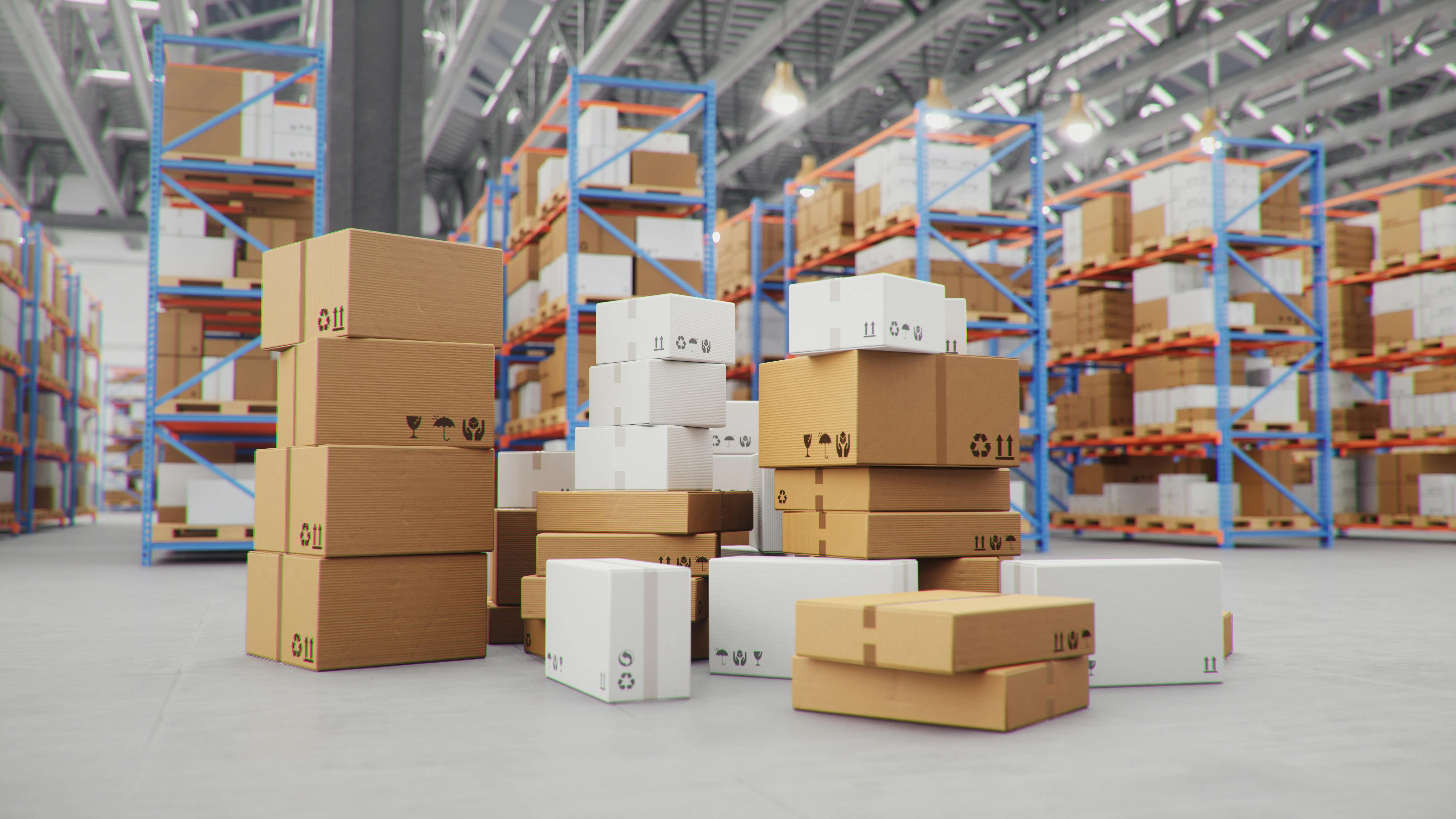Large volume of packages and boxes stacked in a warehouse representing high-volume mail operations