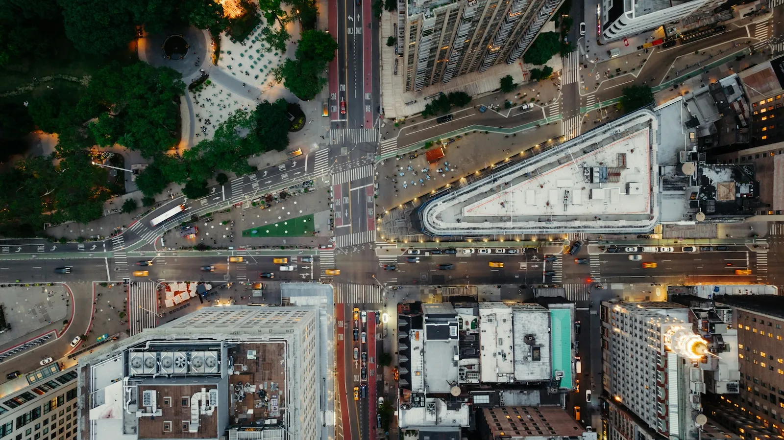 Aerial view of a busy New York City intersection at dusk, representing a premium virtual business address location