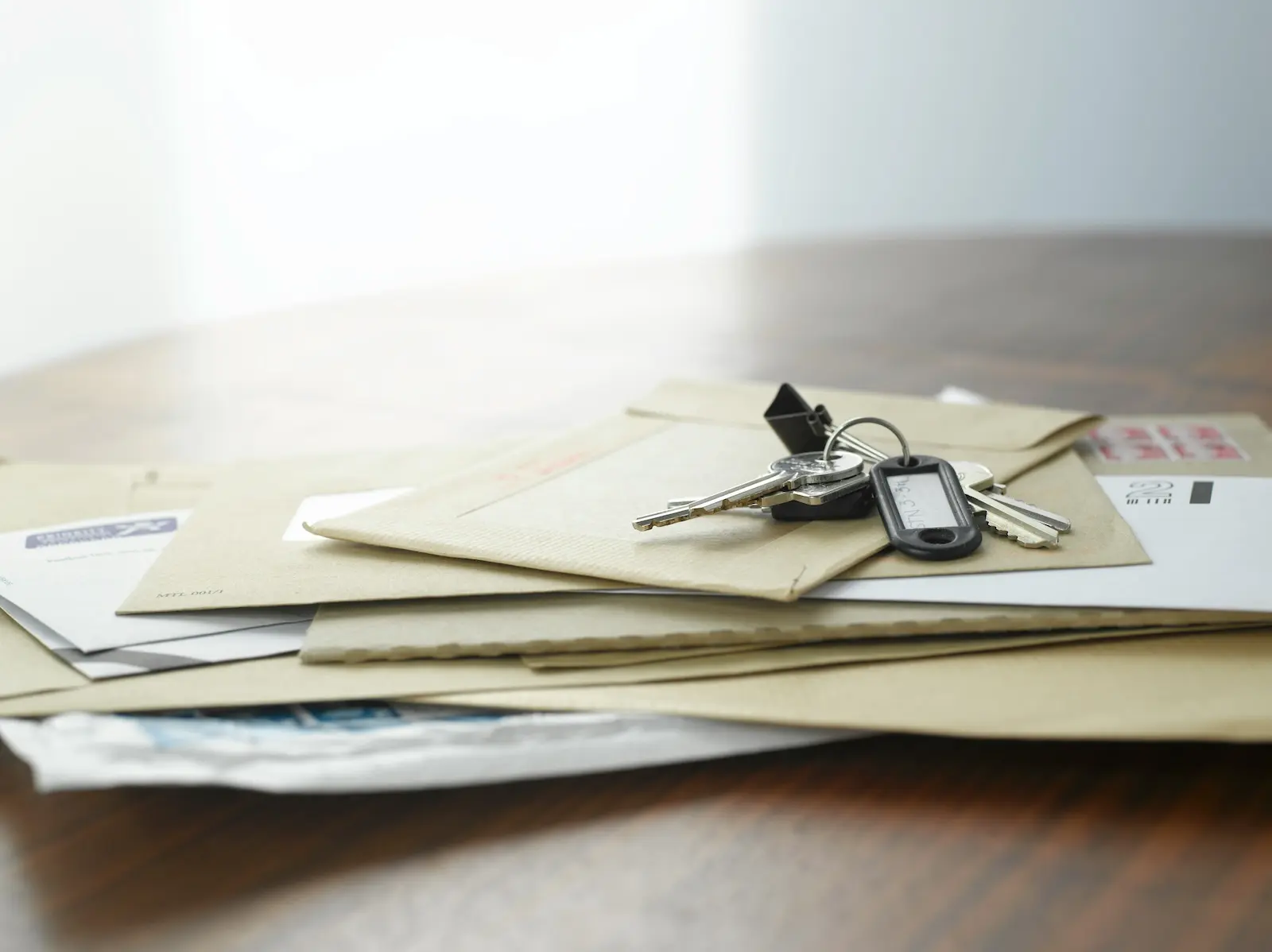 Stack of forwarded mail envelopes with house keys, representing a mail forwarding service for digital nomads