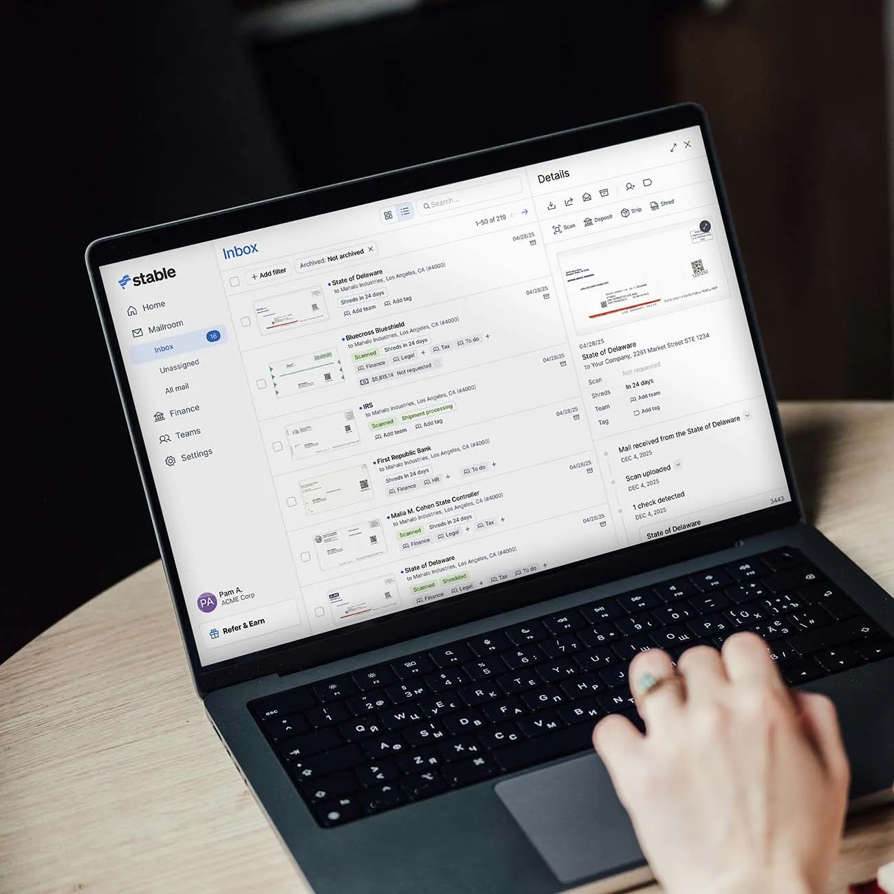 Stable virtual mailbox dashboard showing scanned business mail, organized by sender and status — a top iPostal1 alternative