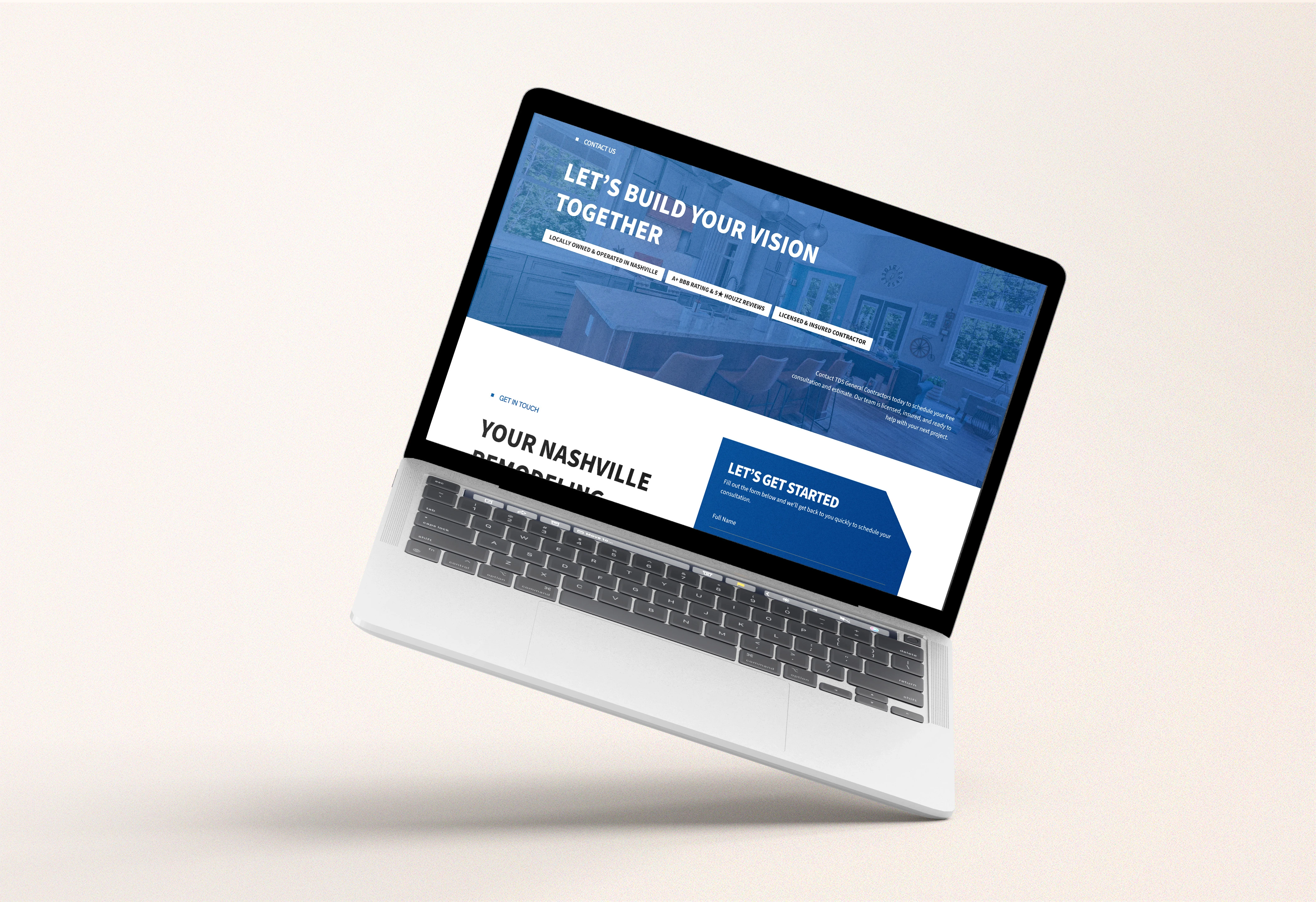 Brand website page in a mockup style.