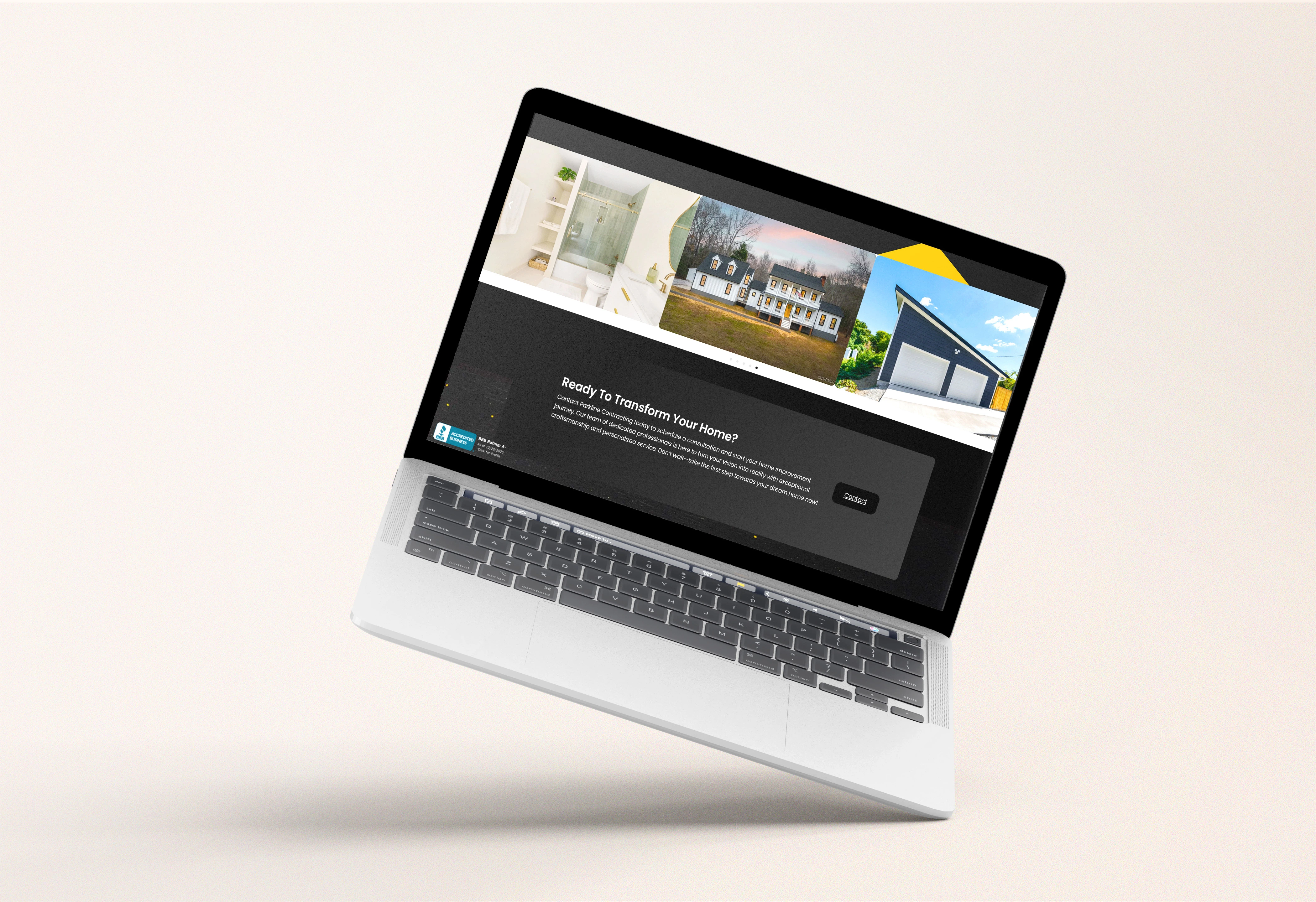 Brand website page in a mockup style.