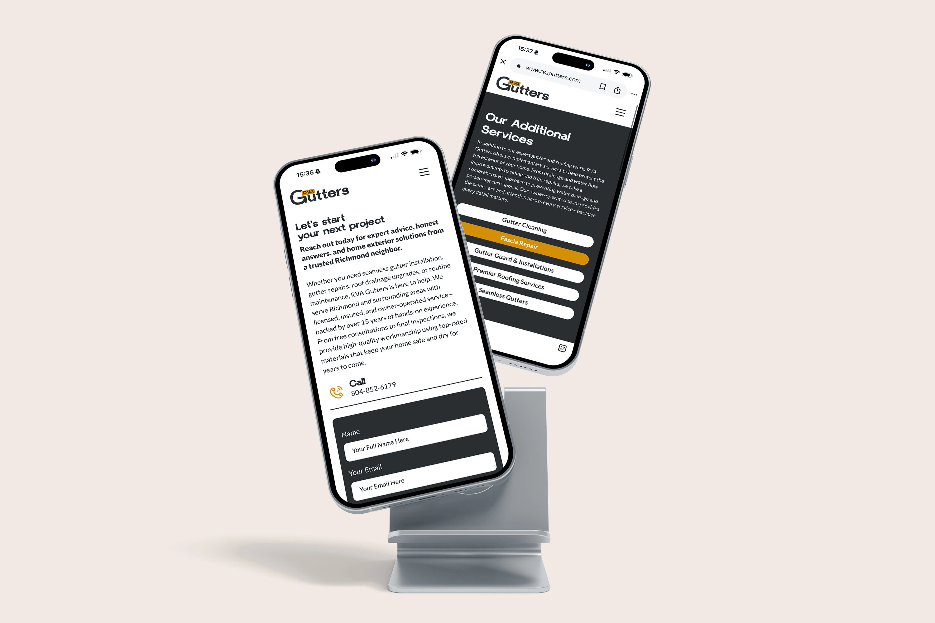 Brand website page in a mockup style.