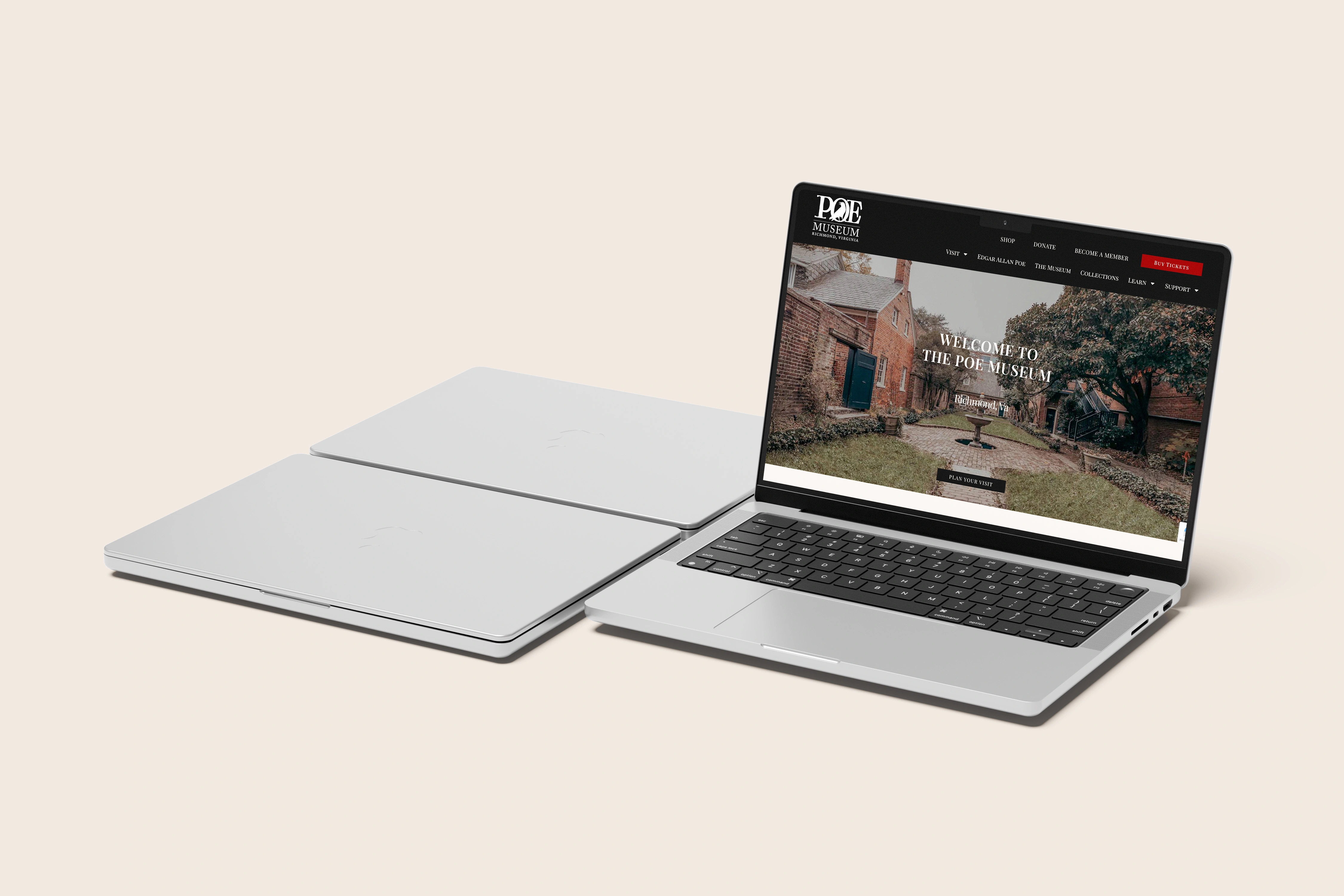 Brand website page in a mockup style.