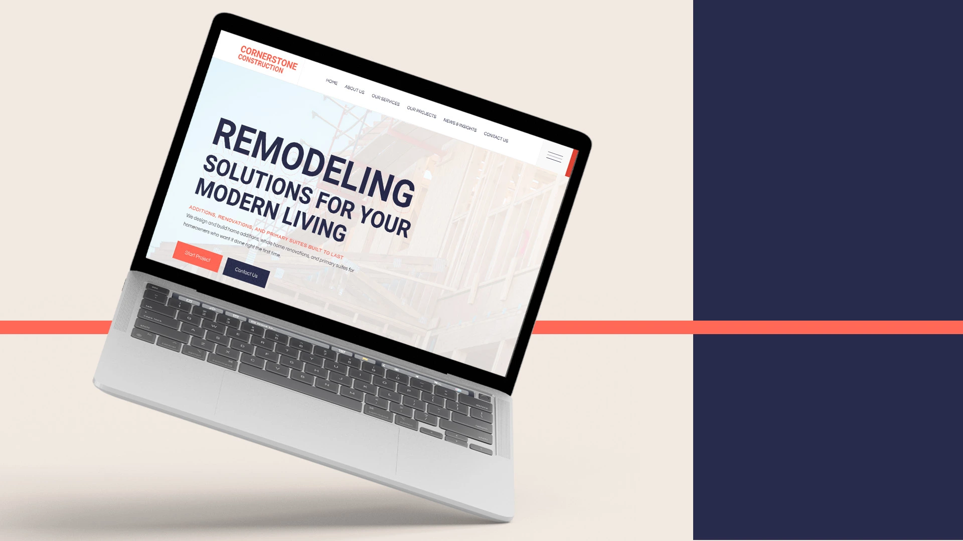 Brand website page in a mockup style.