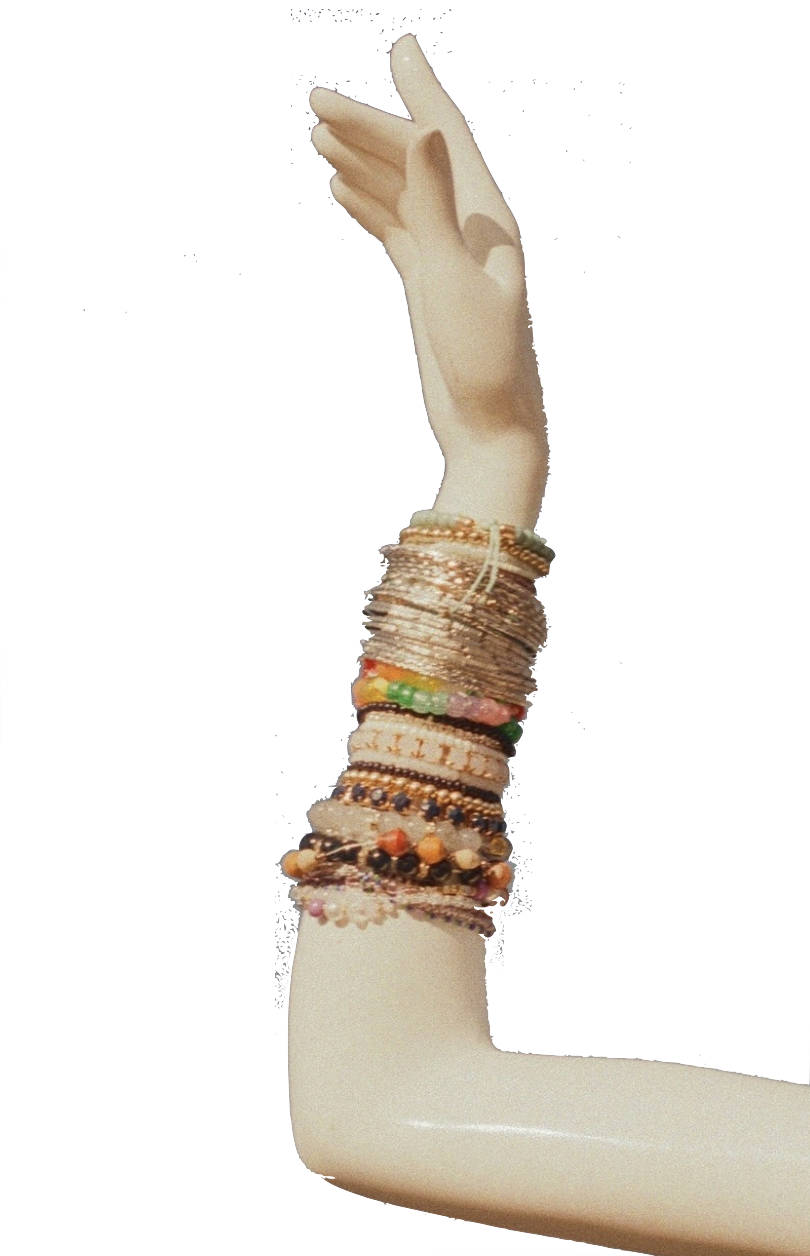 A cut-out image of about two dozen bracelets on a disembodied mannequin hand