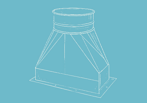 White line drawing of a rectangular to round transition
