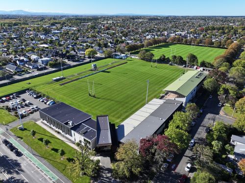 Ultra wide drone shot of a rugby field in Christchurch New Zealand