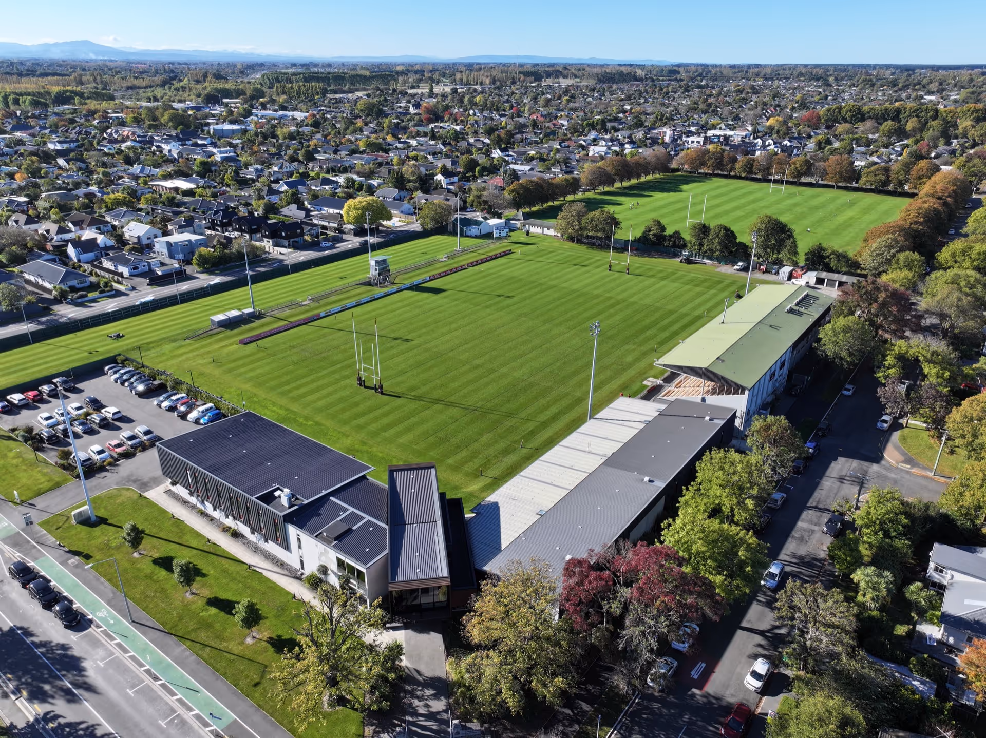 Ultra wide drone shot of a rugby field in Christchurch New Zealand