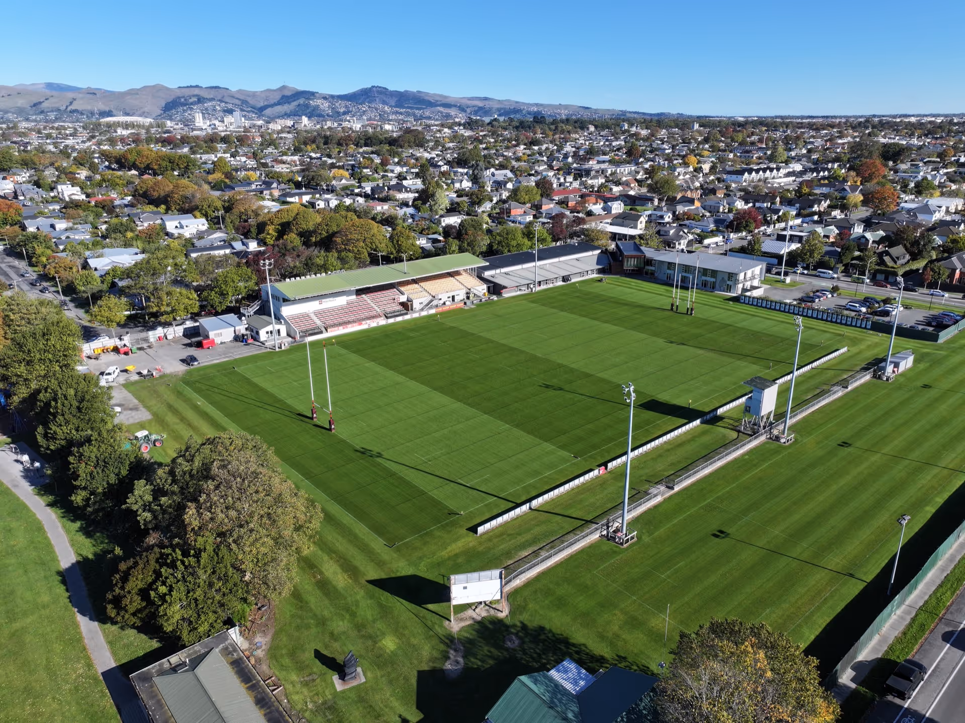 Rugby field drone shot in Christchurch New Zealand