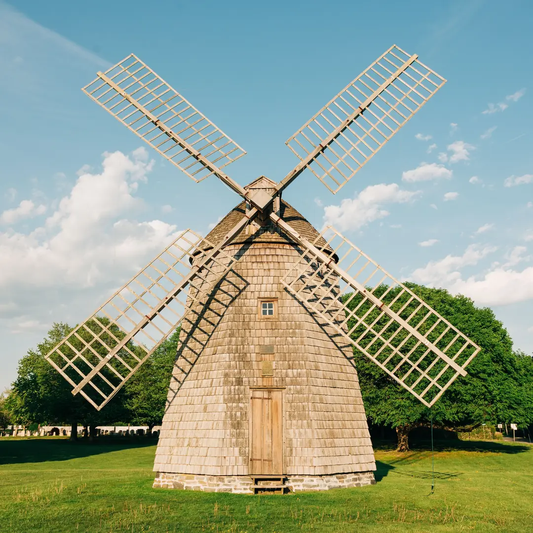 The historic windmill on the green in Water Mill, New York