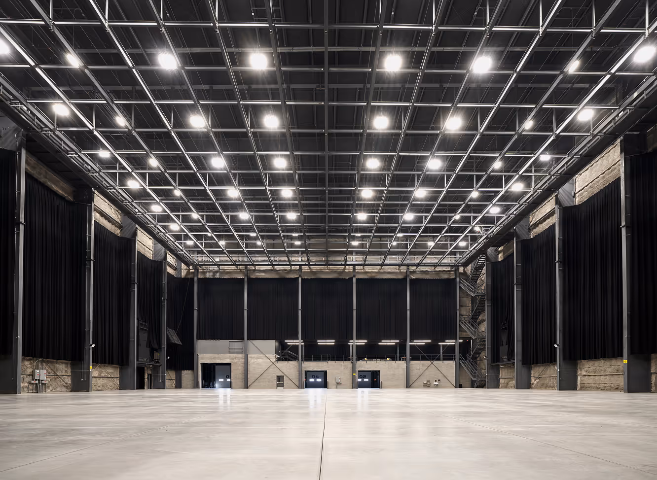 Interior of Rock Lititz Studio 2 showing rigging grid and concrete floors