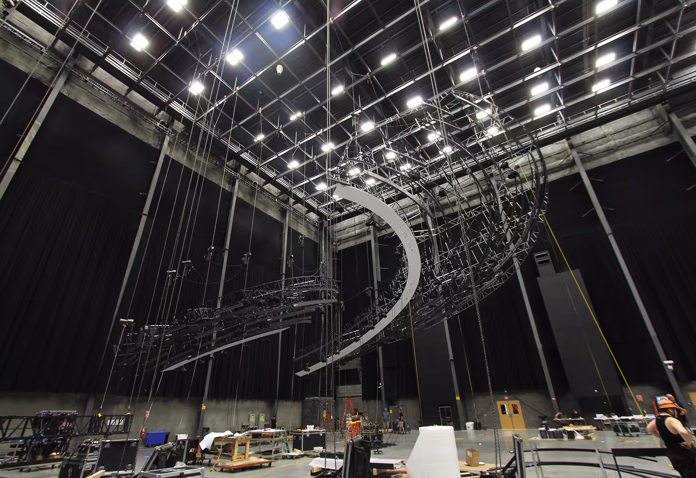 Intricate truss structure rigged from grid at Rock Lititz Studio