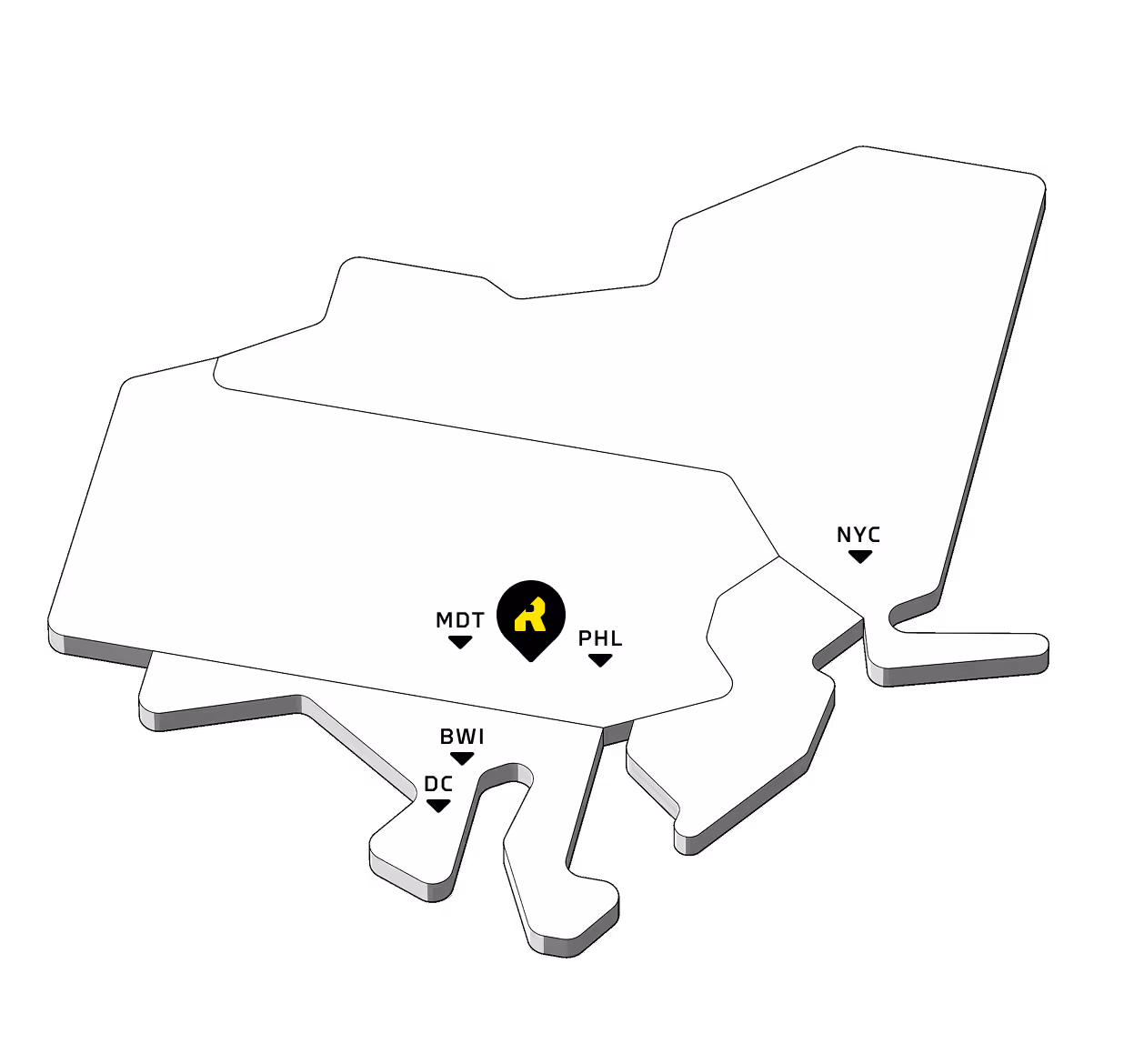 Map showing Rock Lititz campus in close proximity to major cities