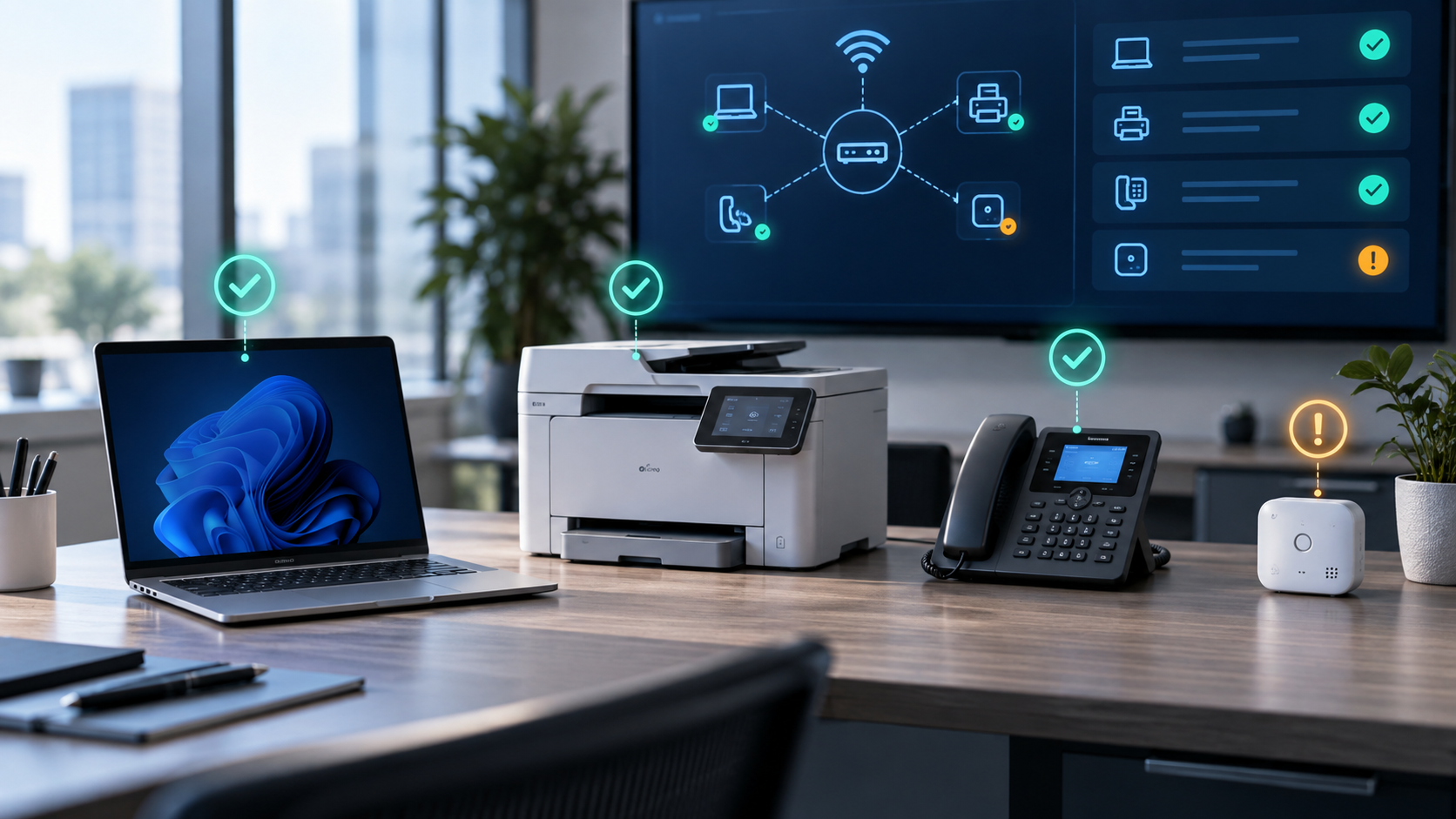 Agentless compliance checks assess laptops, printers, desk phones and IoT devices across the network.