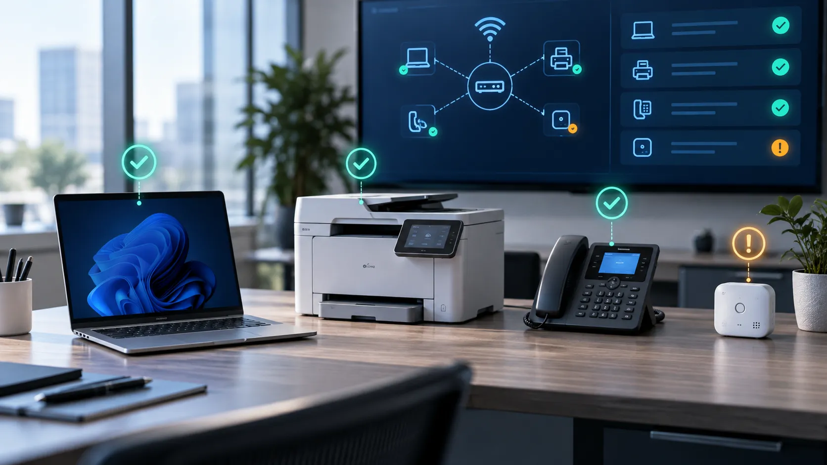 Agentless compliance checks assess laptops, printers, desk phones and IoT devices across the network.