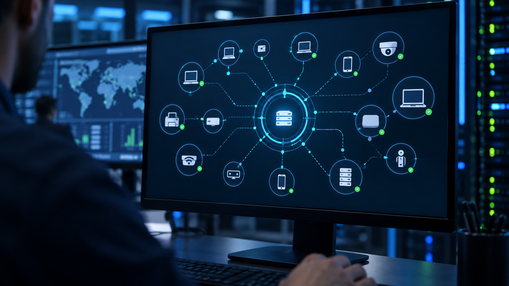 Network operations dashboard showing real-time visibility across computers, cameras, printers, phones and other connected devices.