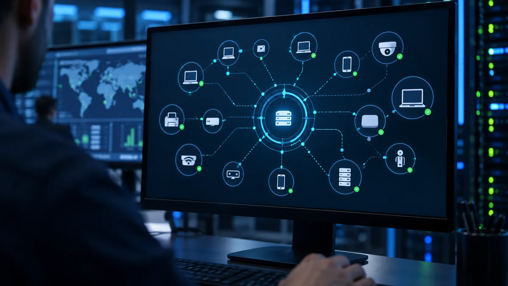 Network operations dashboard showing real-time visibility across computers, cameras, printers, phones and other connected devices.