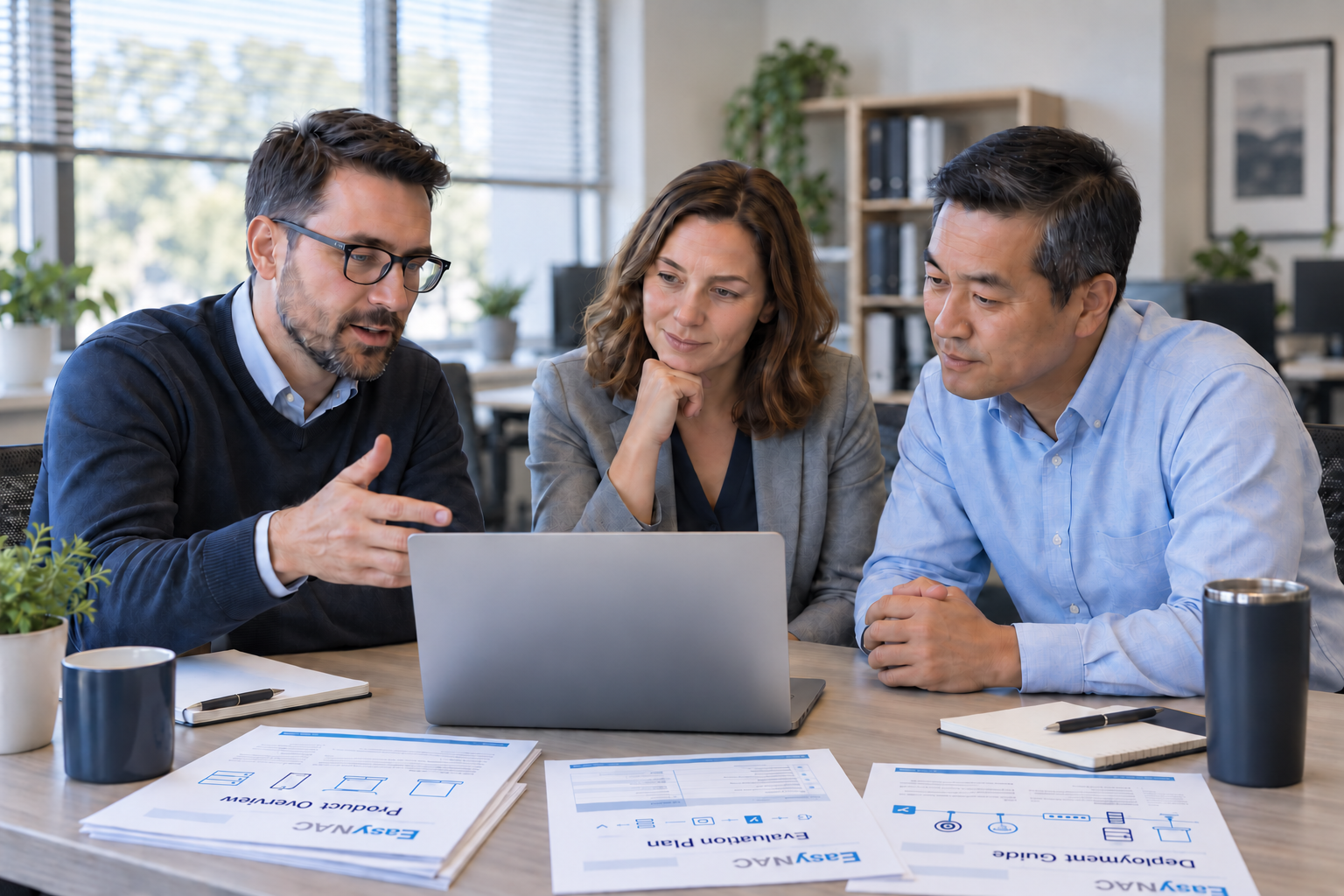 Three colleagues reviewing an EasyNAC evaluation plan in an office.