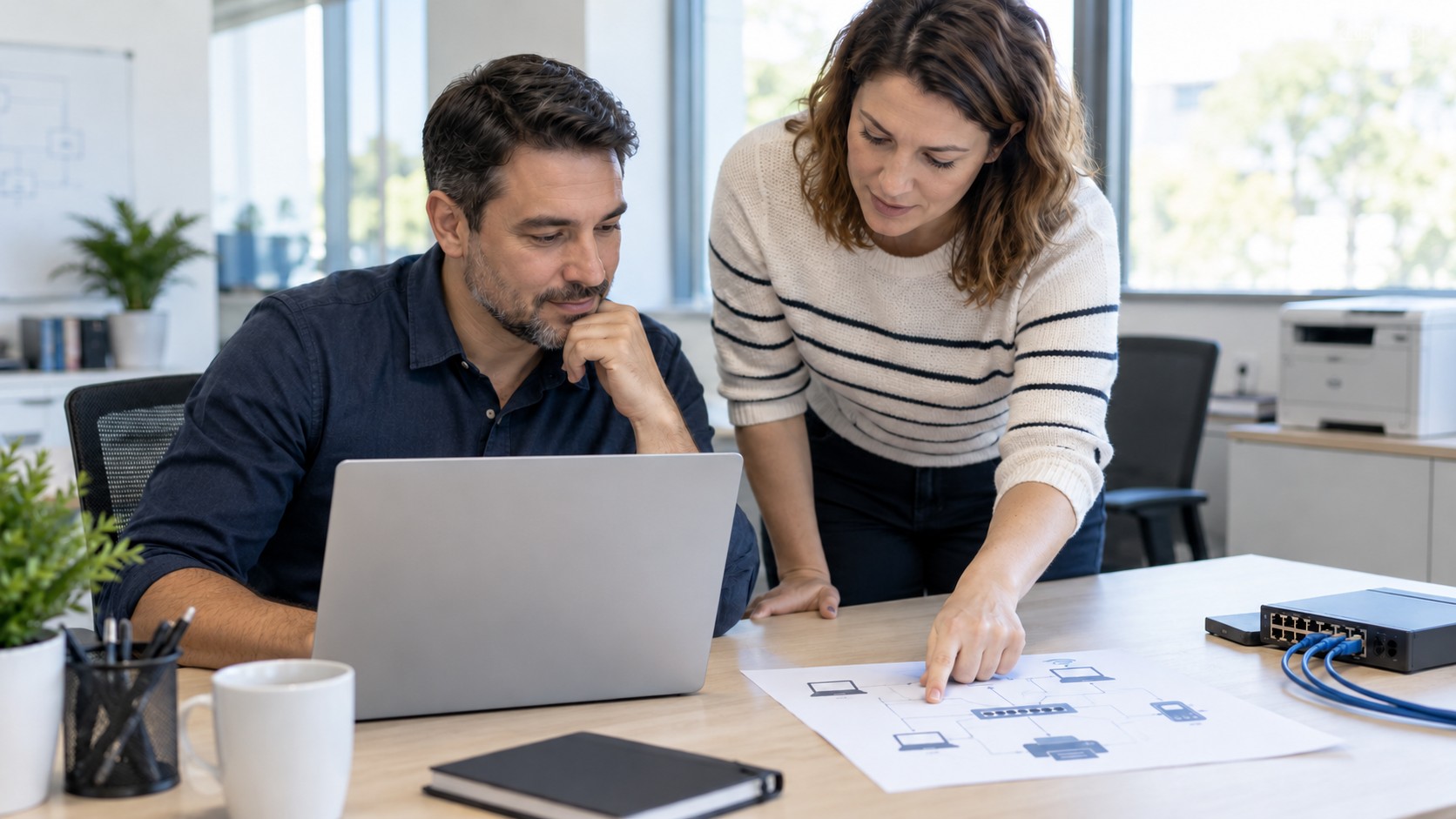 IT colleagues reviewing a device network diagram beside a laptop and Ethernet switch.