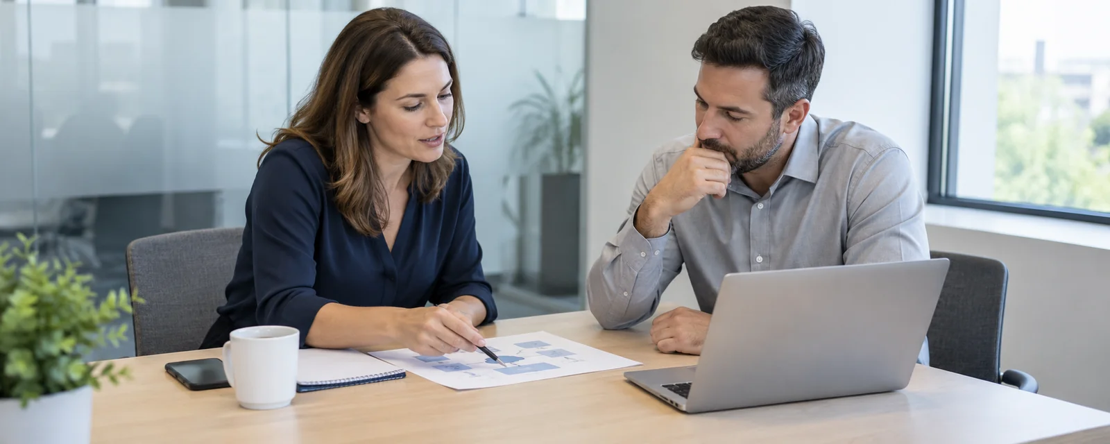 Sales consultation reviewing network requirements and a proposal in an office.
