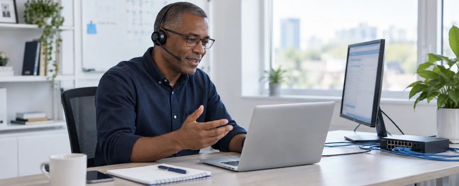 Technical support engineer reviewing network information with a customer on a headset.