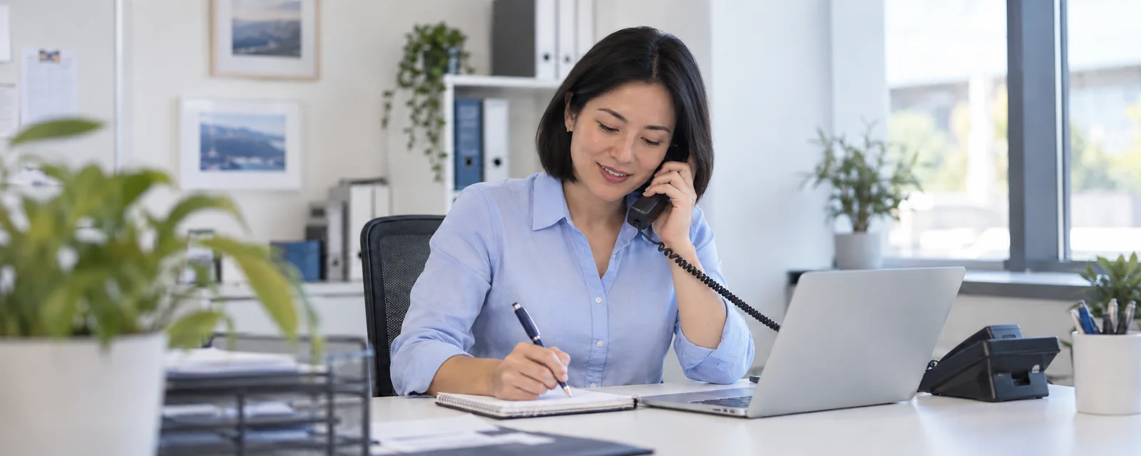 Office team member answering an enquiry by phone and taking notes.