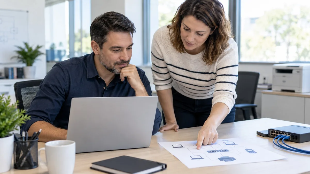 IT colleagues reviewing a device network diagram beside a laptop and Ethernet switch.