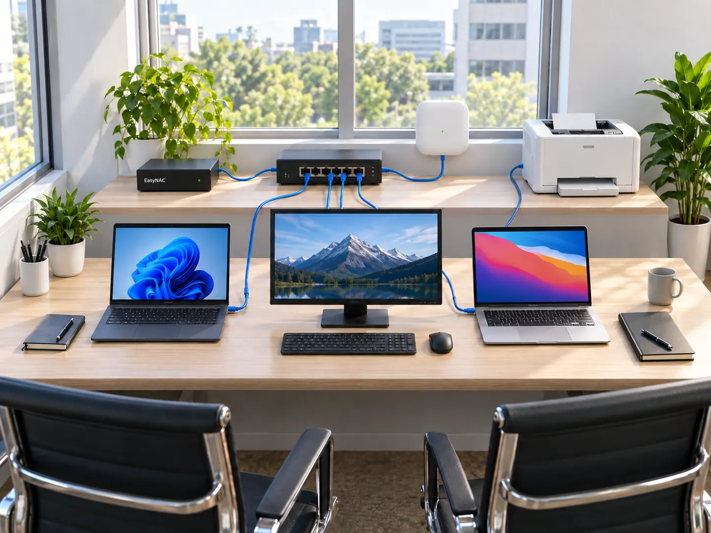 Illustrative office network with an EasyNAC appliance, existing switch, Wi-Fi, computers and printer