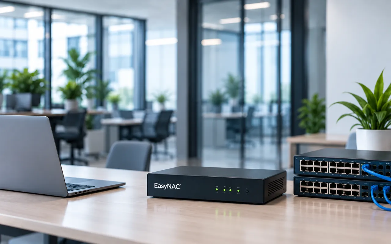 Illustrative EasyNAC appliance beside a laptop and network switches in a modern office.