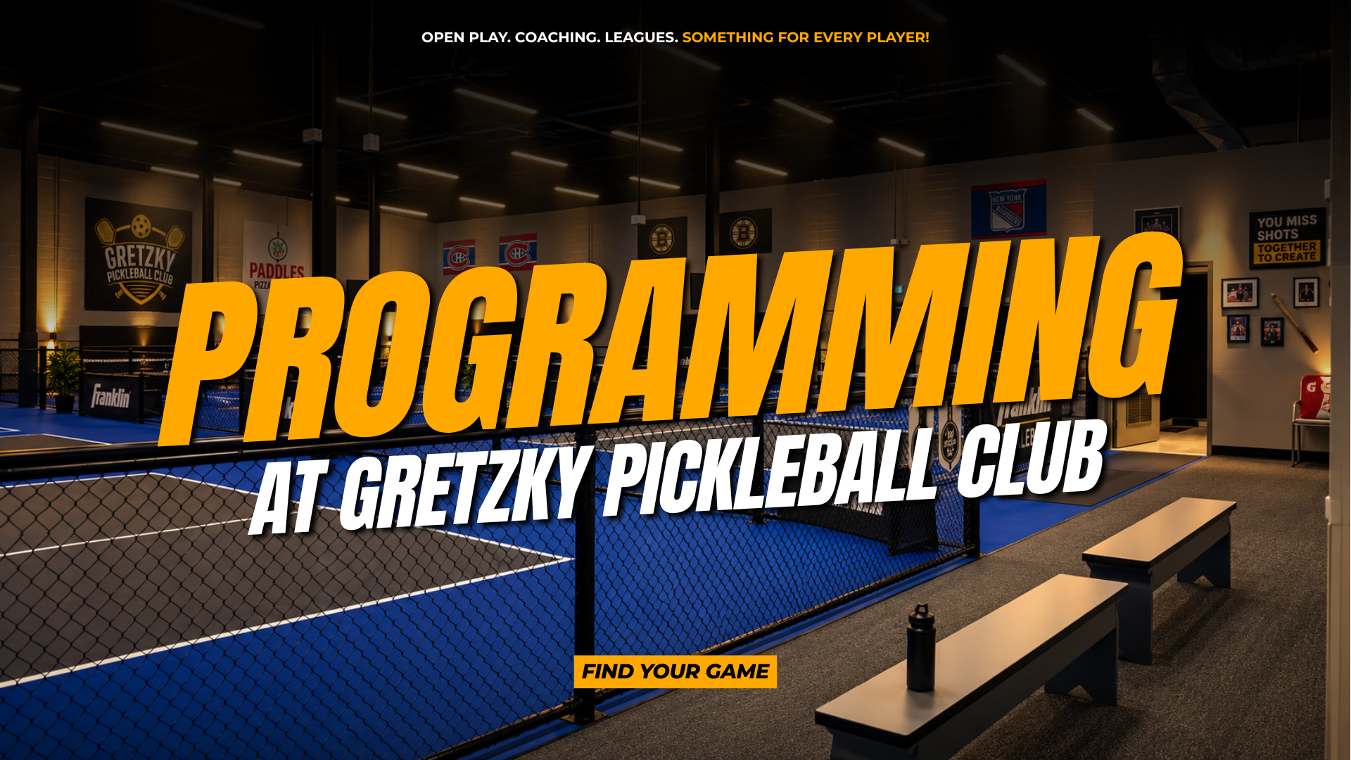 Programming at Gretzky Pickleball Club: open play, coaching, leagues and tournaments