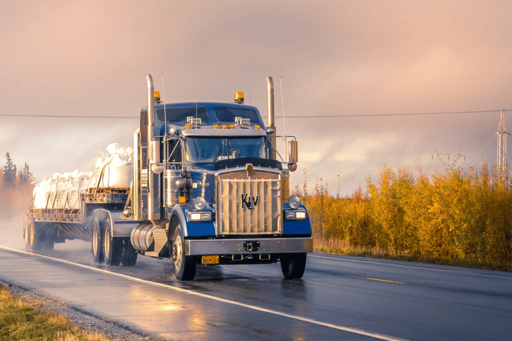 Blue Kenworth truck hauling goods on a misty road at dawn.