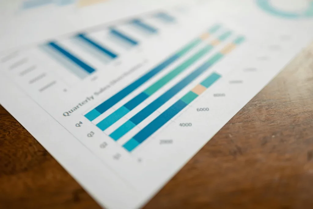 Close-up of a printed bar graph with quarterly sales data on a desk.