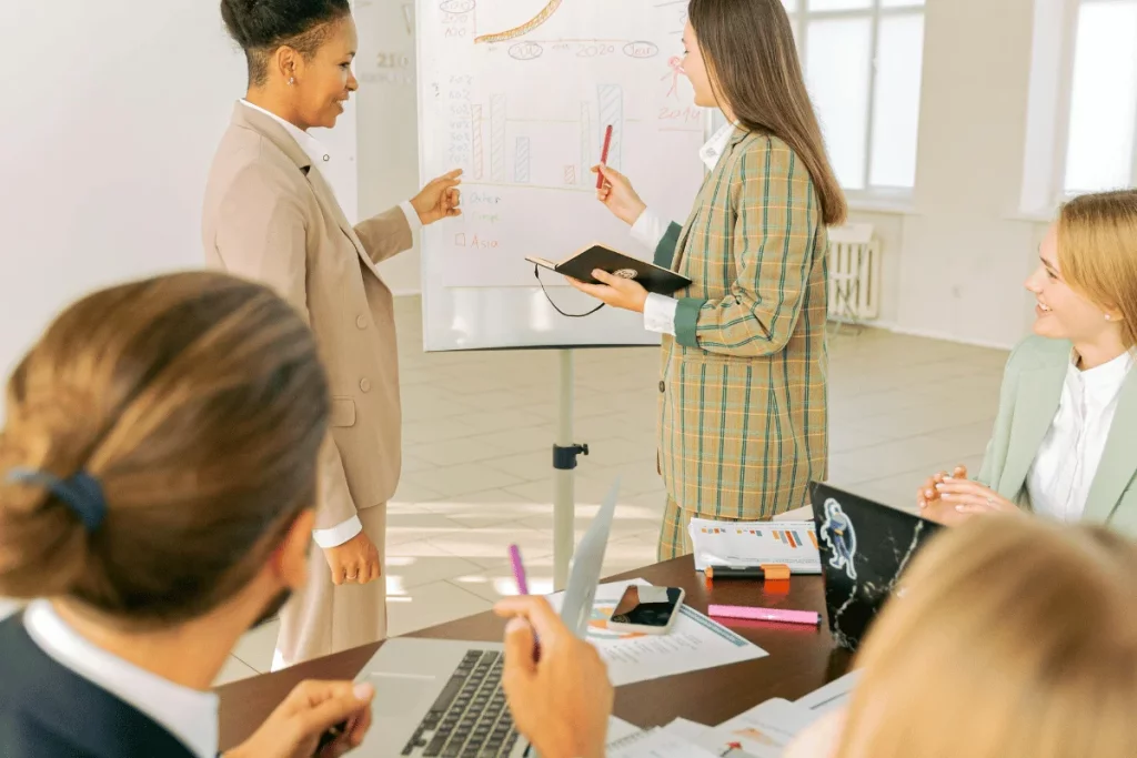 A group of professionals discussing graphs on a whiteboard in a bright office.