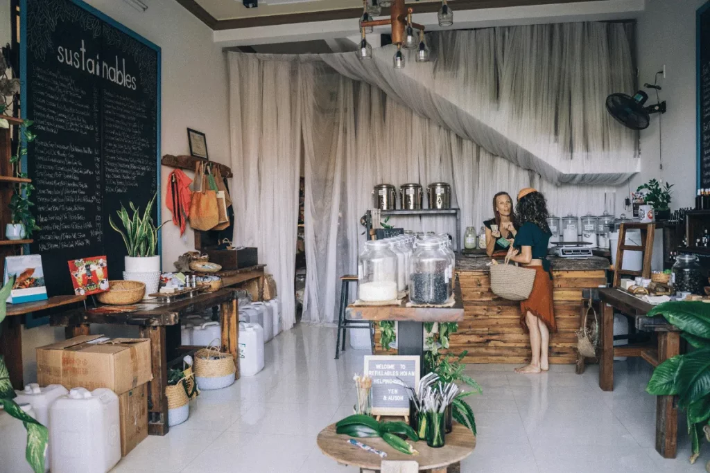Inside view of a sustainable store with eco-friendly products and natural decor.