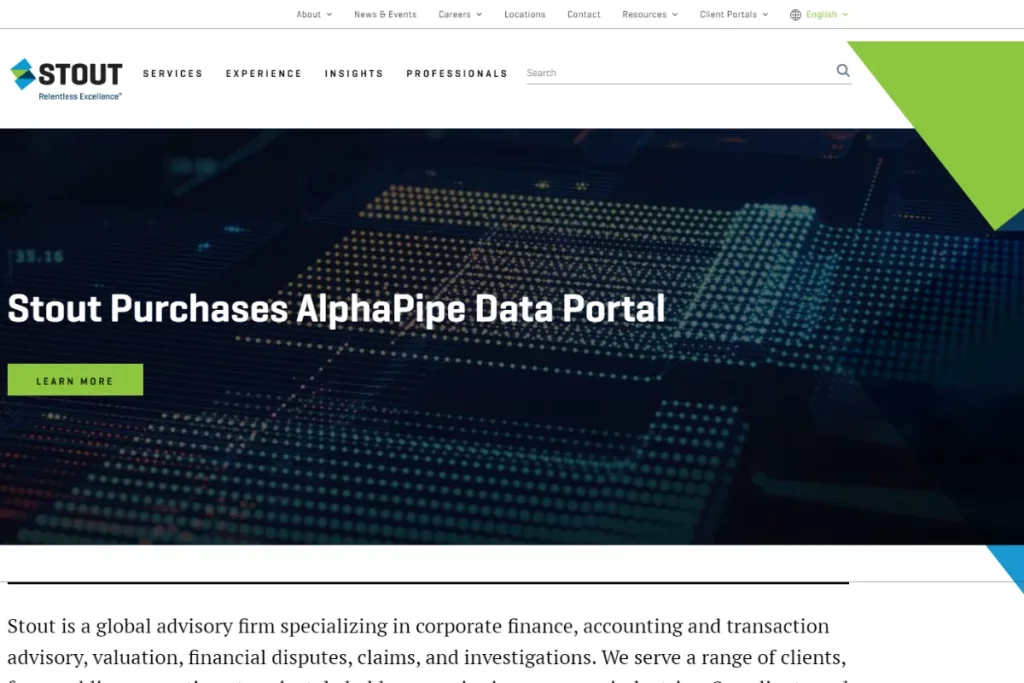 Website header with text "Stout Purchases AlphaPipe Data Portal" over digital dots background.