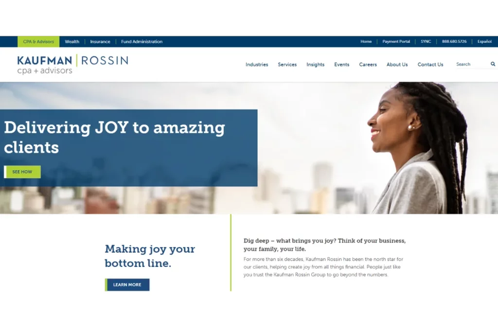 Web page snippet for Kaufman Rossin featuring slogan about delivering joy to clients.